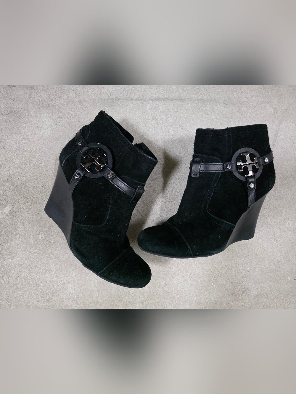 Tory Burch Aaden Black Suede Harness Medallion Wedge Ankle Boots 7.5M